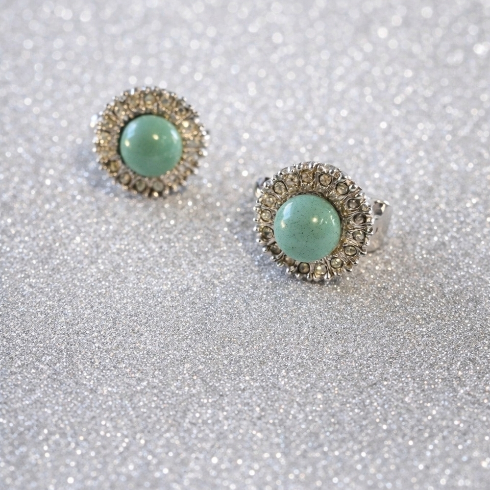 Turquoise Halo Clip Earrings - Jade Green Gemstone